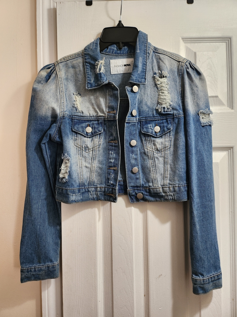 Fashion Nova Women's Distressed Light Blue Denim Jacket